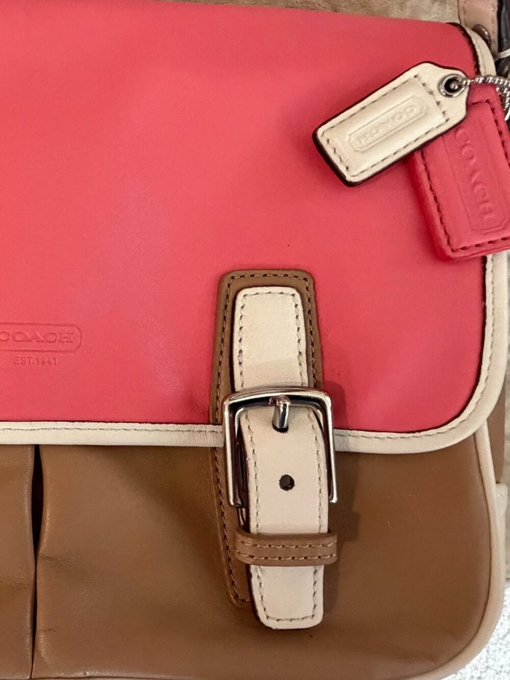 Coach Park Colorblock Leather Flap Crossbody Bag F23383 Pink Rose Taupe Purse